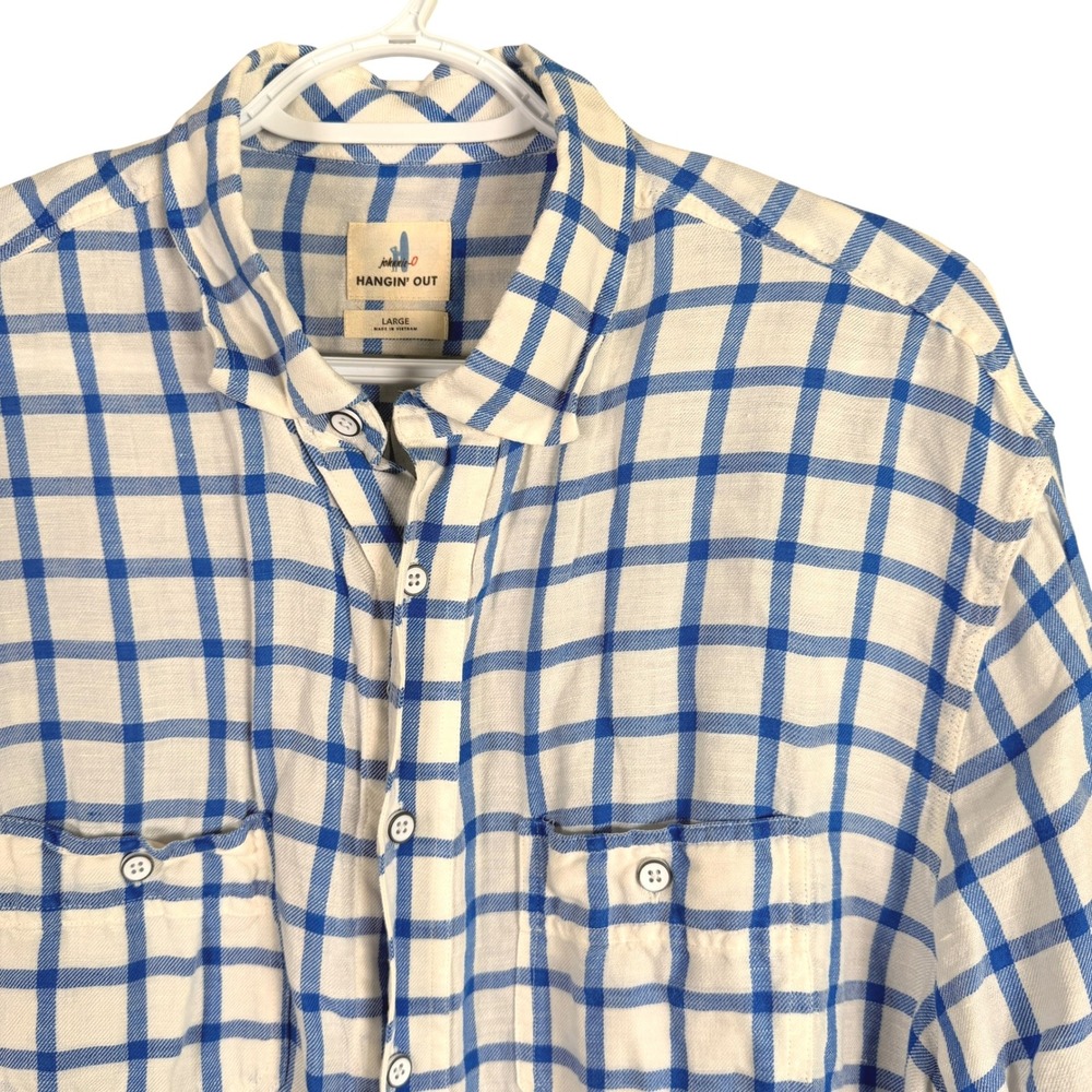 Johnnie-O Hangin Out Linen Blend‎ Button Down Shirt Mens L White Blue Check L/S